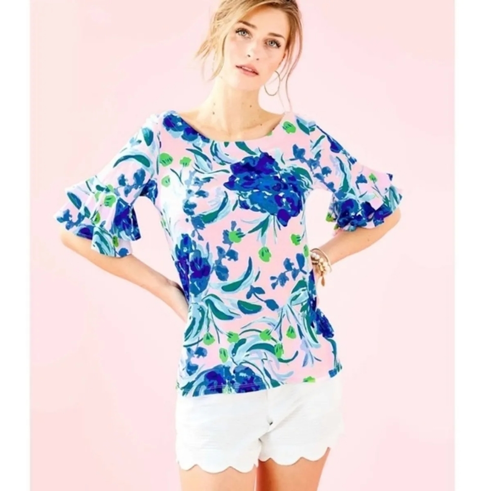 Lilly Pulitzer Pink Tropics Lula Ruffle Sleeve Top Size Small